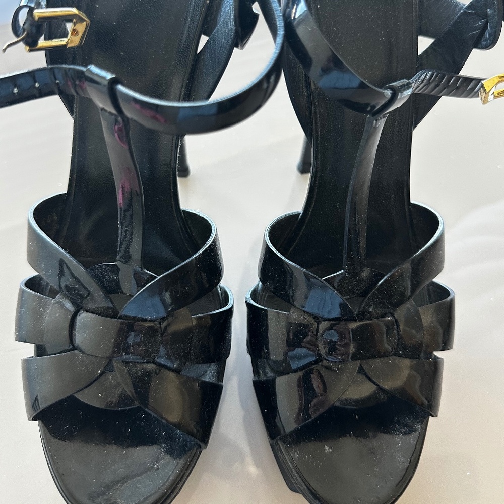 Saint Laurent YSL Tribute Black Patent Platform Sandals Heels Size 10.5
